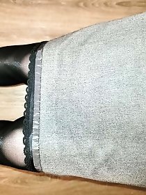 Grey Pencil Skirt with black silky half slip